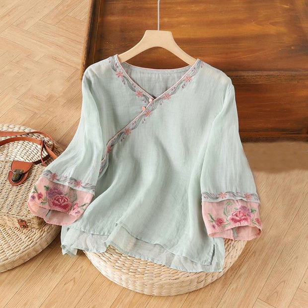 Buddha Stones Spring Retro Embroidery Button Design Three Quarter Sleeve Women's Cotton Shirt