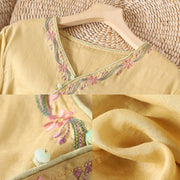 Buddha Stones Spring Retro Embroidery Button Design Three Quarter Sleeve Women's Cotton Shirt