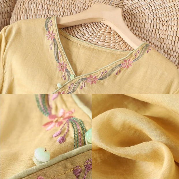 Buddha Stones Spring Retro Embroidery Button Design Three Quarter Sleeve Women's Cotton Shirt