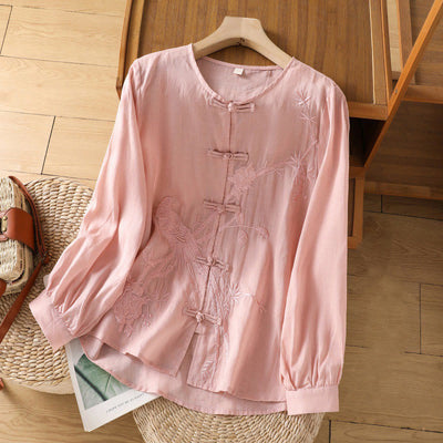 Buddha Stones Spring Solid Color Embroidery Bird Flower Pattern Chinese Frog-Button Design Women's Cotton Linen Long Sleeve Shirt Cardigan
