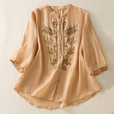 Buddha Stones Casual Artistic Embroidery Leaves Pattern Women's Cotton Linen Three Quarter Sleeve Shirt Cardigan