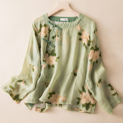 Buddha Stones Lightgreen Casual Artistic Printing Flower Pattern Chinese Frog-Button Design Women's Cotton Linen Long Sleeve Shirt Cardigan