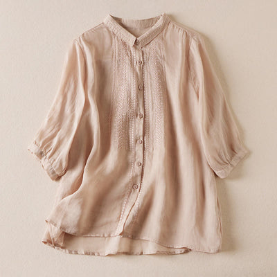 Buddha Stones Summer Vintage Casual Pure Color Embroiderd Button Design Women's Cotton Linen Half Sleeve Shirt