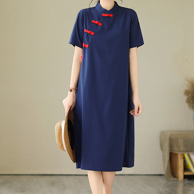 Buddha Stones Summer Vintage Plain Color Contrast Frog-Button Short Sleeve Design Cotton Linen Cheongsam Midi Dress