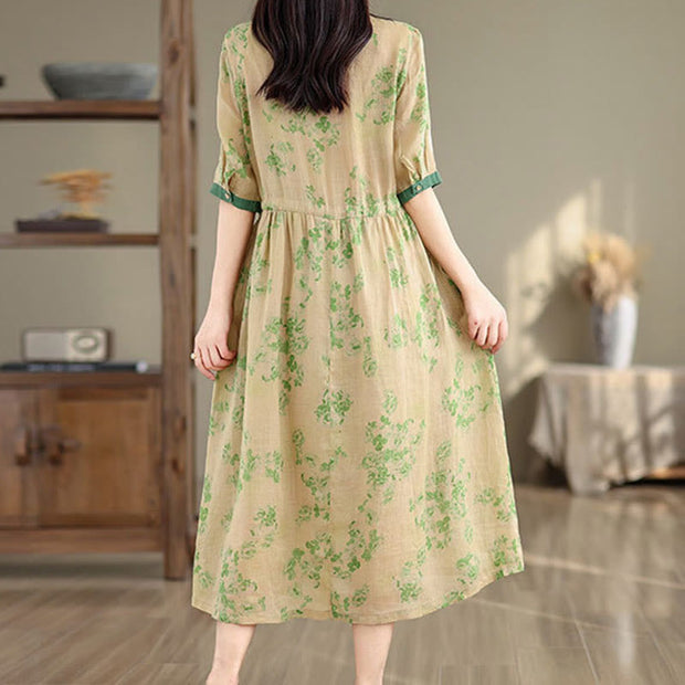 Buddha Stones Retro Printing Floral Pattern Drawstring Design Half Sleeve Cotton Midi Dress With Pockets