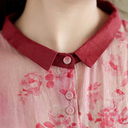 Buddha Stones Retro Printing Floral Pattern Drawstring Design Half Sleeve Cotton Midi Dress With Pockets