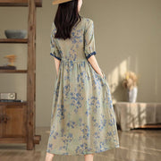 Buddha Stones Retro Printing Floral Pattern Drawstring Design Half Sleeve Cotton Midi Dress With Pockets
