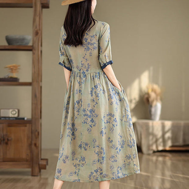 Buddha Stones Retro Printing Floral Pattern Drawstring Design Half Sleeve Cotton Midi Dress With Pockets