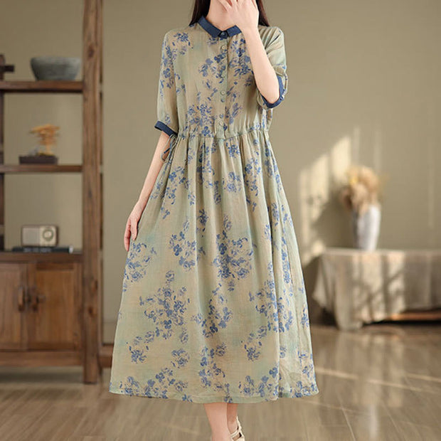 Buddha Stones Retro Printing Floral Pattern Drawstring Design Half Sleeve Cotton Midi Dress With Pockets