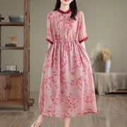 Buddha Stones Retro Printing Floral Pattern Drawstring Design Half Sleeve Cotton Midi Dress With Pockets