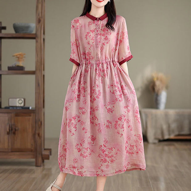 Buddha Stones Retro Printing Floral Pattern Drawstring Design Half Sleeve Cotton Midi Dress With Pockets