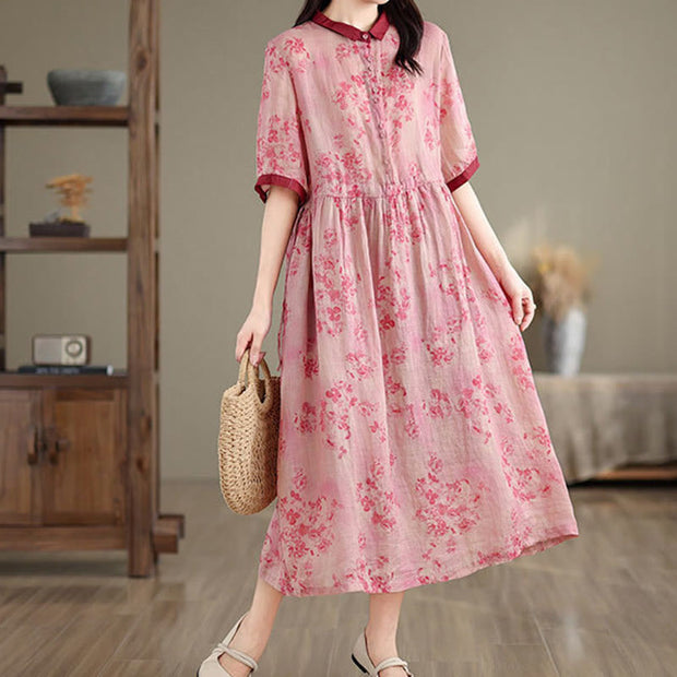 Buddha Stones Retro Printing Floral Pattern Drawstring Design Half Sleeve Cotton Midi Dress With Pockets