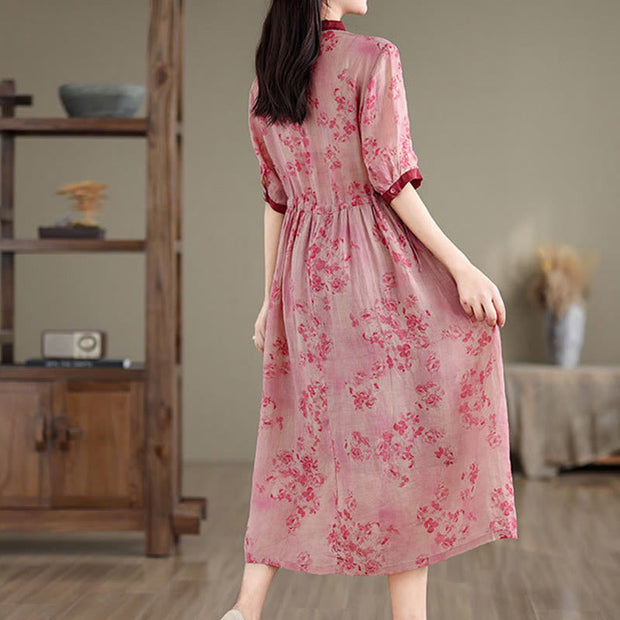 Buddha Stones Retro Printing Floral Pattern Drawstring Design Half Sleeve Cotton Midi Dress With Pockets