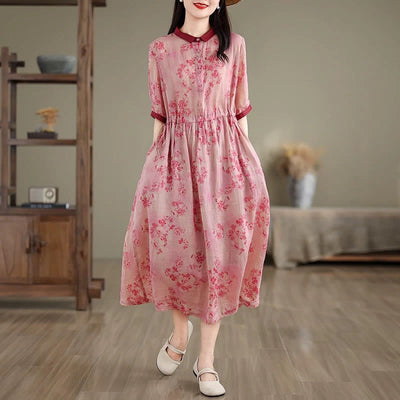 Buddha Stones Retro Printing Floral Pattern Drawstring Design Half Sleeve Cotton Midi Dress With Pockets