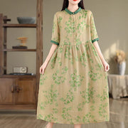 Buddha Stones Retro Printing Floral Pattern Drawstring Design Half Sleeve Cotton Midi Dress With Pockets