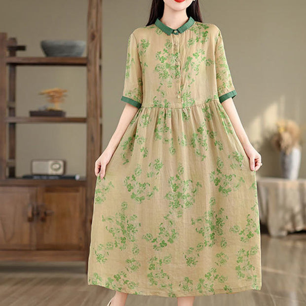 Buddha Stones Retro Printing Floral Pattern Drawstring Design Half Sleeve Cotton Midi Dress With Pockets