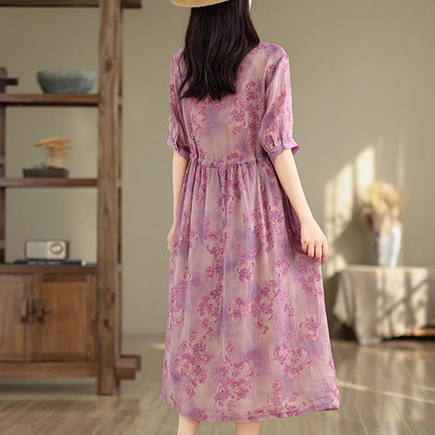 Buddha Stones Retro Printing Floral Pattern Drawstring Design Half Sleeve Cotton Midi Dress With Pockets