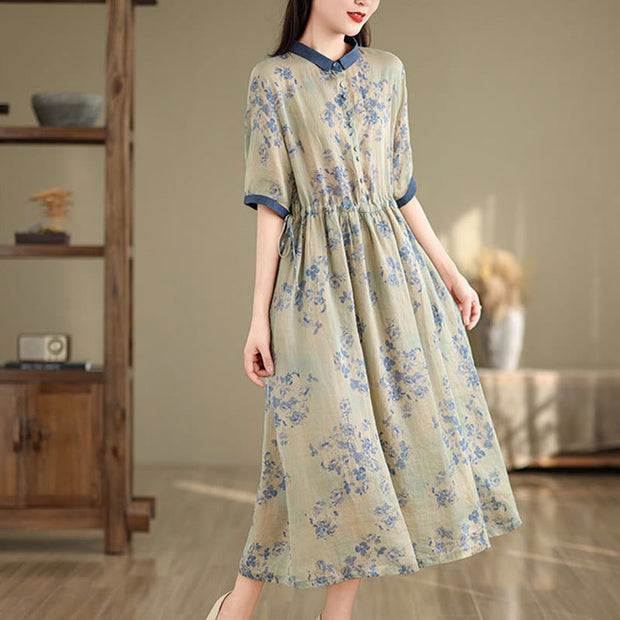 Buddha Stones Retro Printing Floral Pattern Drawstring Design Half Sleeve Cotton Midi Dress With Pockets