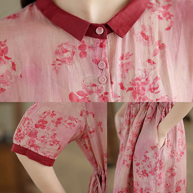 Buddha Stones Retro Printing Floral Pattern Drawstring Design Half Sleeve Cotton Midi Dress With Pockets