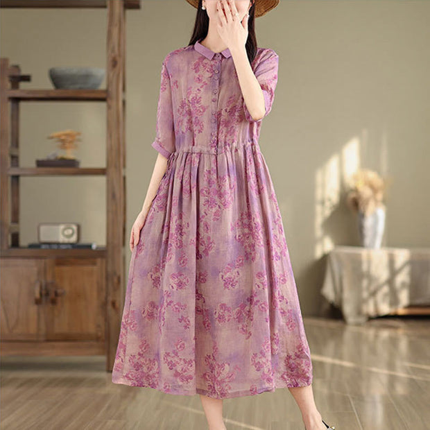 Buddha Stones Retro Printing Floral Pattern Drawstring Design Half Sleeve Cotton Midi Dress With Pockets