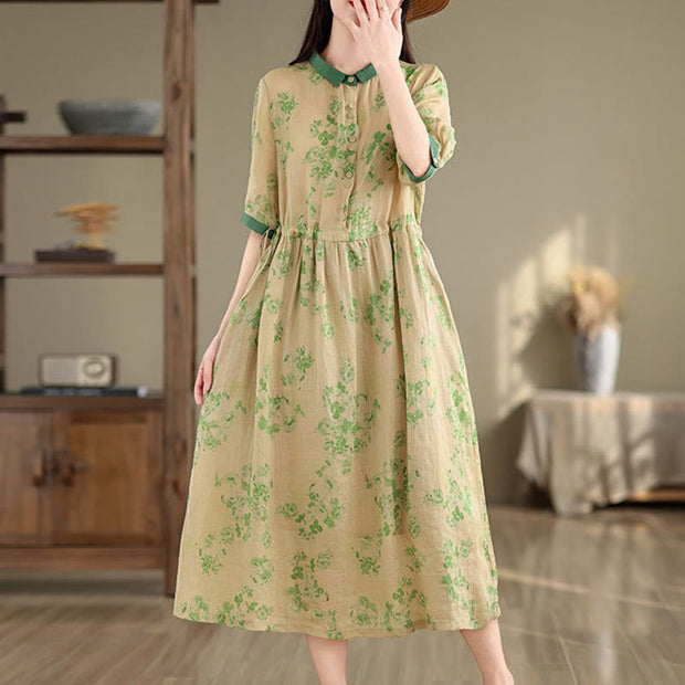 Buddha Stones Retro Printing Floral Pattern Drawstring Design Half Sleeve Cotton Midi Dress With Pockets