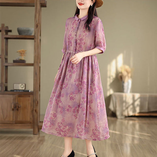 Buddha Stones Retro Printing Floral Pattern Drawstring Design Half Sleeve Cotton Midi Dress With Pockets