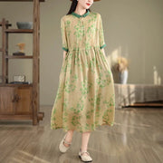 Buddha Stones Retro Printing Floral Pattern Drawstring Design Half Sleeve Cotton Midi Dress With Pockets