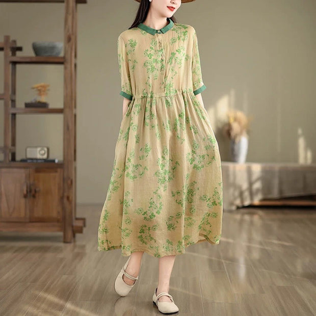 Buddha Stones Retro Printing Floral Pattern Drawstring Design Half Sleeve Cotton Midi Dress With Pockets