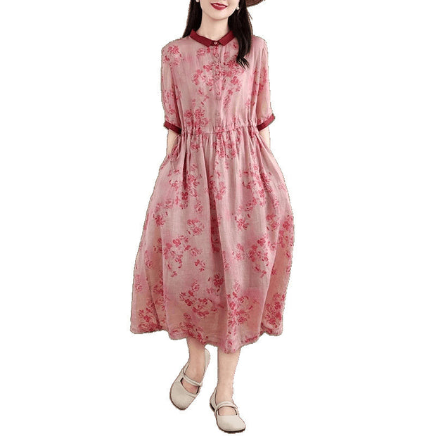 Buddha Stones Retro Printing Floral Pattern Drawstring Design Half Sleeve Cotton Midi Dress With Pockets