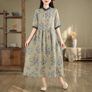 Buddha Stones Retro Printing Floral Pattern Drawstring Design Half Sleeve Cotton Midi Dress With Pockets