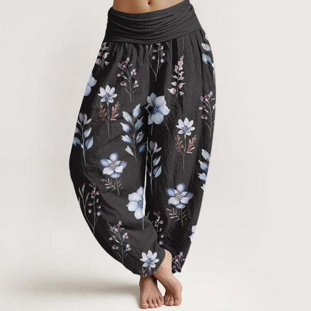 Buddha Stones Casual Delicate Floral Leaves Pattern Women's Elastic Waist Harem Pants