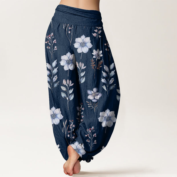 Buddha Stones Casual Delicate Floral Leaves Pattern Women's Elastic Waist Harem Pants