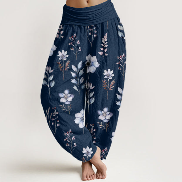 Buddha Stones Casual Delicate Floral Leaves Pattern Women's Elastic Waist Harem Pants
