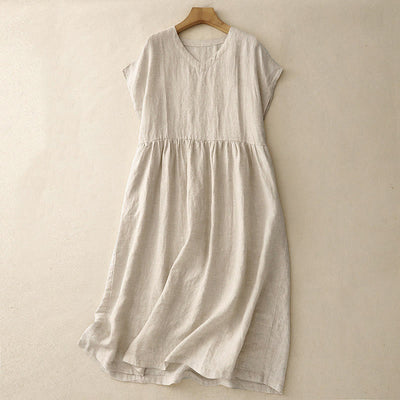 Buddha Stones Casual Artistic Solid Color Simple Design High Waist Short Sleeve Cotton Linen Midi Dress With Pockets