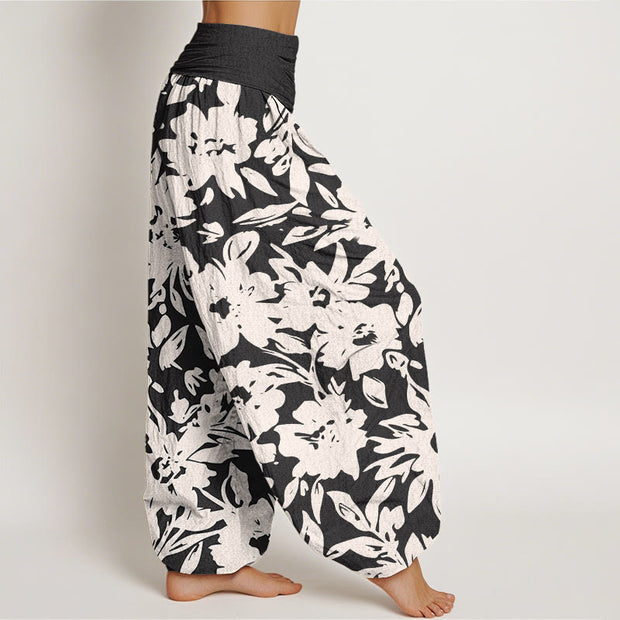 Buddha Stones Casual Large Blooms Lush Foliage Pattern Women's Elastic Waist Harem Pants
