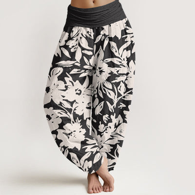 Buddha Stones Casual Large Blooms Lush Foliage Pattern Women's Elastic Waist Harem Pants