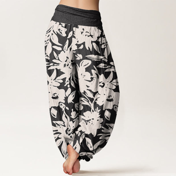 Buddha Stones Casual Large Blooms Lush Foliage Pattern Women's Elastic Waist Harem Pants