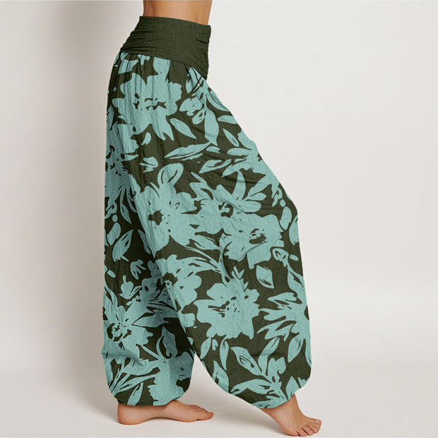 Buddha Stones Casual Large Blooms Lush Foliage Pattern Women's Elastic Waist Harem Pants