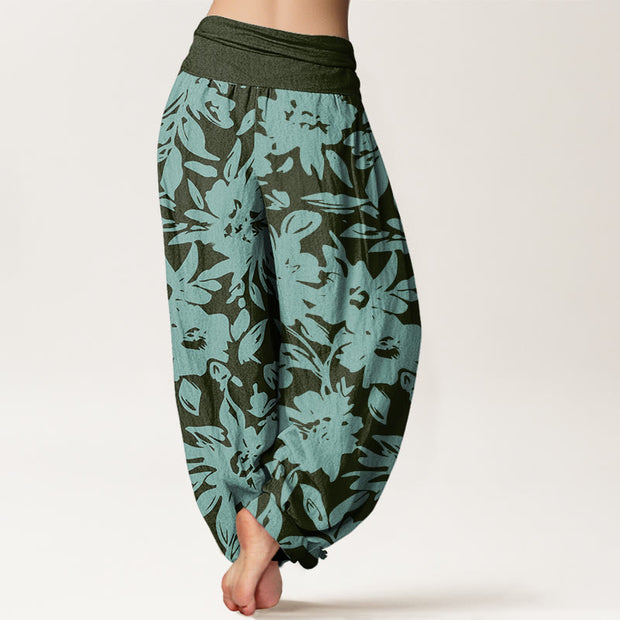 Buddha Stones Casual Large Blooms Lush Foliage Pattern Women's Elastic Waist Harem Pants