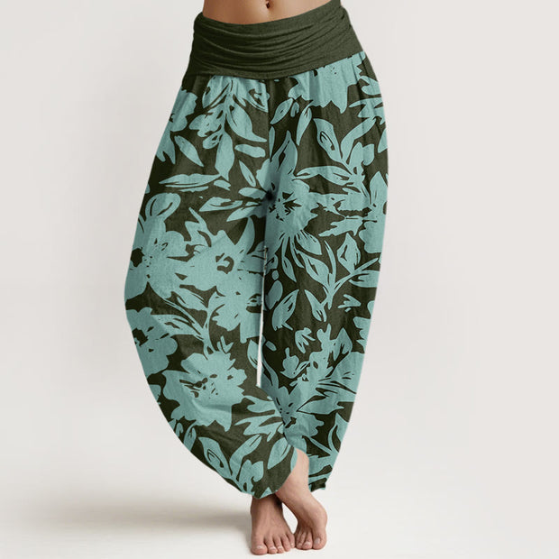 Buddha Stones Casual Large Blooms Lush Foliage Pattern Women's Elastic Waist Harem Pants