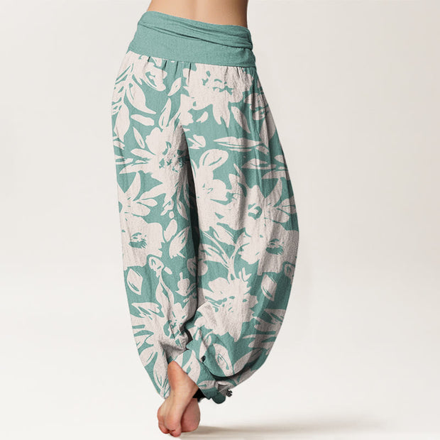 Buddha Stones Casual Large Blooms Lush Foliage Pattern Women's Elastic Waist Harem Pants