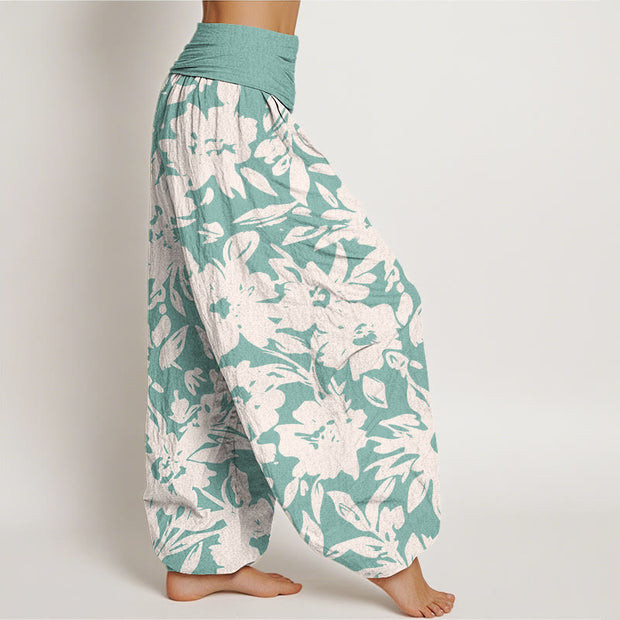 Buddha Stones Casual Large Blooms Lush Foliage Pattern Women's Elastic Waist Harem Pants