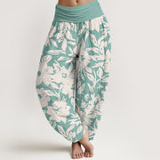 Buddha Stones Casual Large Blooms Lush Foliage Pattern Women's Elastic Waist Harem Pants