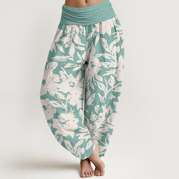 Buddha Stones Casual Large Blooms Lush Foliage Pattern Women's Elastic Waist Harem Pants