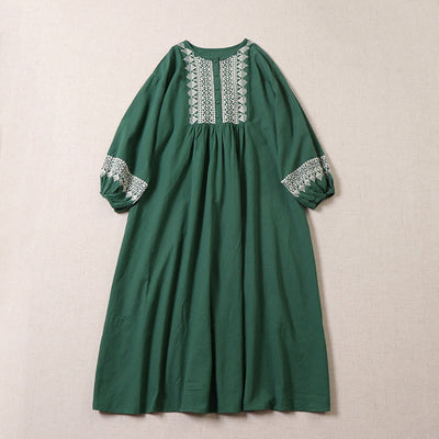 Buddha Stones Casual Artistic Geometric Embroidery Button Front Long Lantern Sleeve Cotton Linen Midi Dress