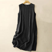 Buddha Stones Casual Daily Sleeveless Irregular Design Cotton Linen Midi Dress With Pockets