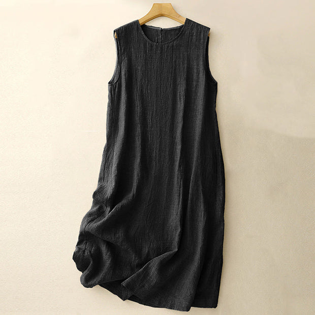 Buddha Stones Casual Daily Sleeveless Irregular Design Cotton Linen Midi Dress With Pockets