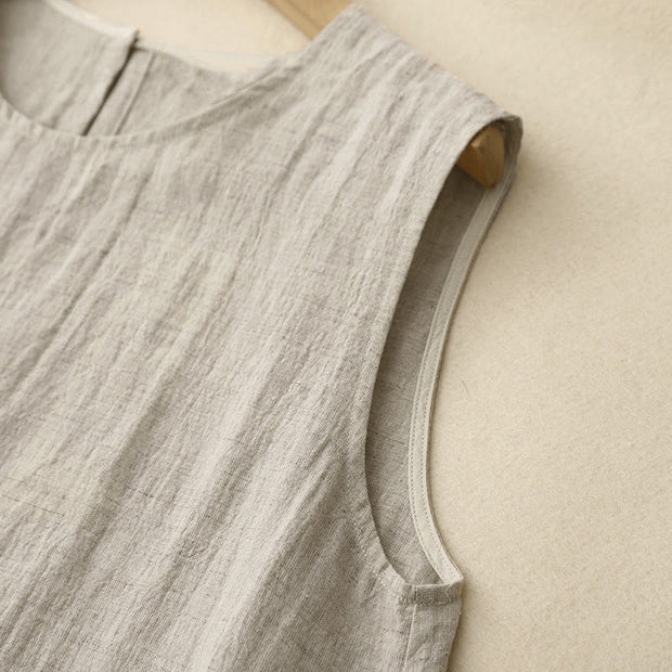 Buddha Stones Casual Daily Sleeveless Irregular Design Cotton Linen Midi Dress With Pockets