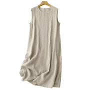 Buddha Stones Casual Daily Sleeveless Irregular Design Cotton Linen Midi Dress With Pockets