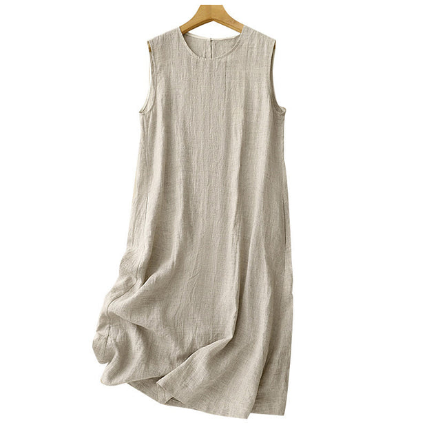 Buddha Stones Casual Daily Sleeveless Irregular Design Cotton Linen Midi Dress With Pockets